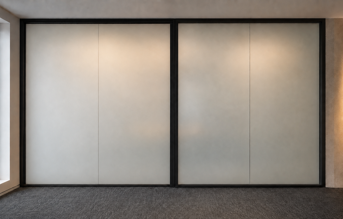 Modern sliding glass doors with frosted panels and slim black metal frames, set in a minimalist interior with a gray carpeted floor.