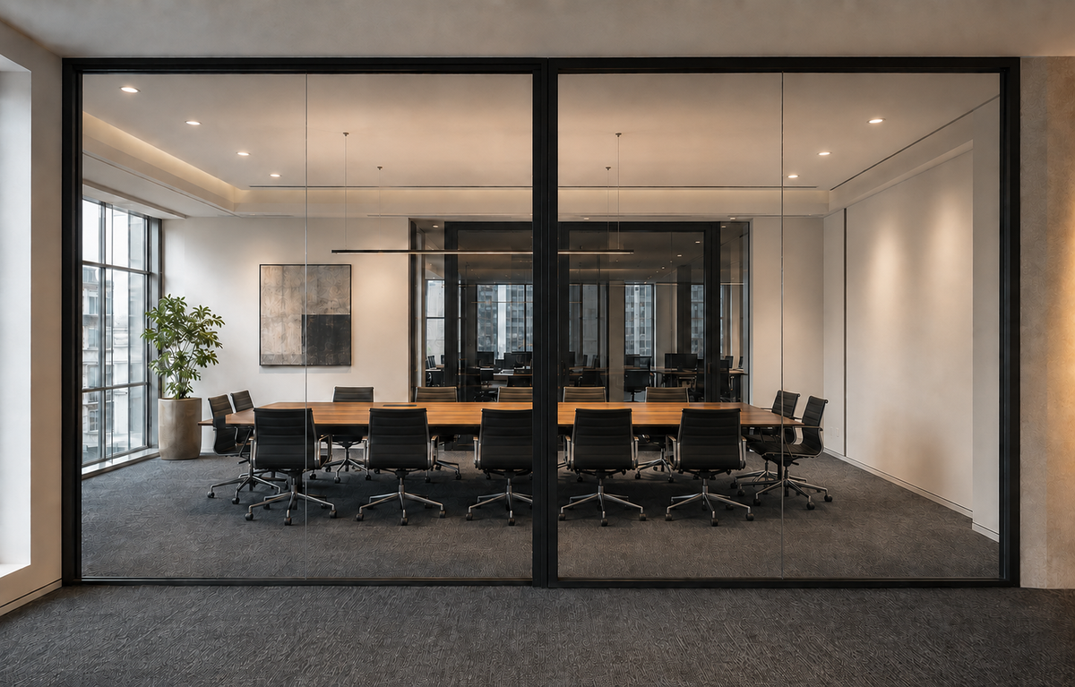 A modern glass-walled conference room with a long wooden table, black office chairs, and a gray carpeted floor, viewed from outside through large black-framed glass panels.